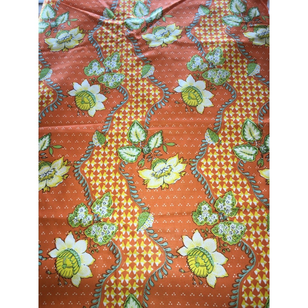 Vtg 1979 Bloomcraft Decorator Fabric 1 Yd + 18" x 56" Mod Orange Floral Falaise